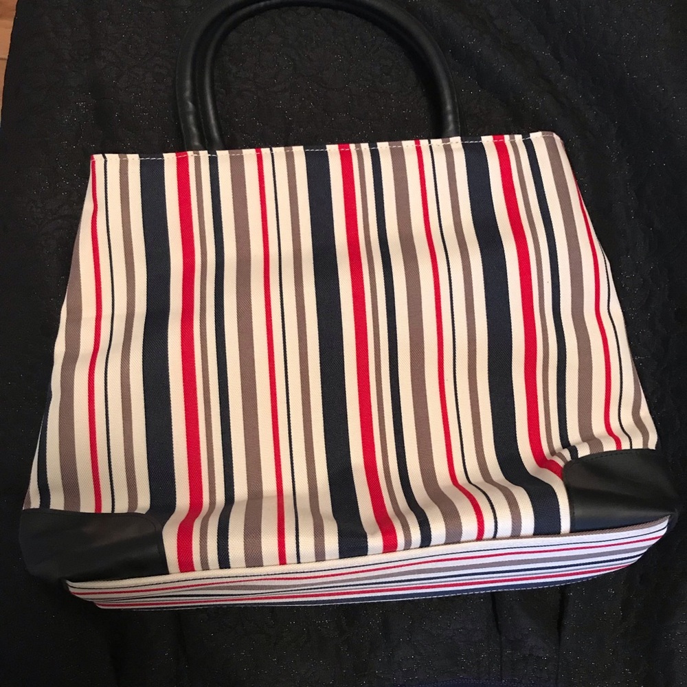 Red, White, Taupe and Blue striped Canvas Satchel